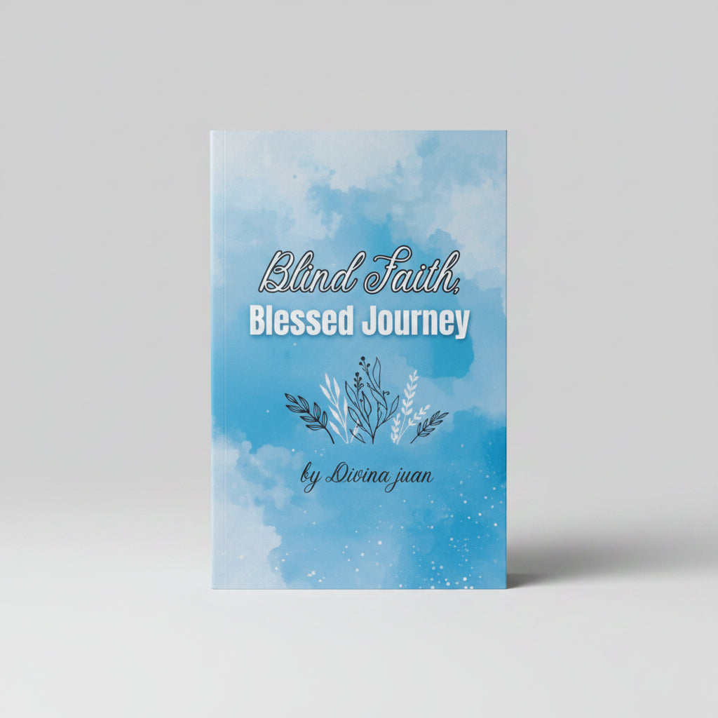 Book titled 'Blind Faith, Blessed Journey' on a textured gray surface
