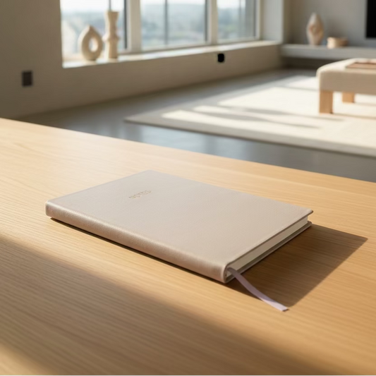 Notebook with 'NOTES' on the cover, placed on a tiled floor.