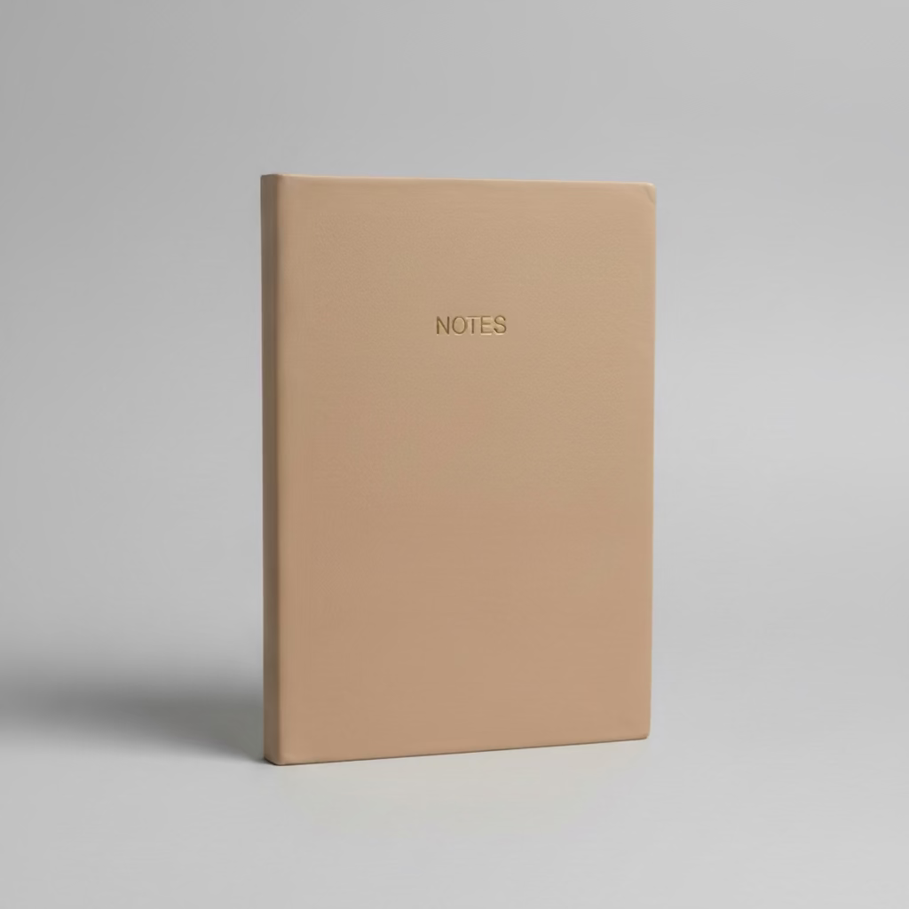 Beige notebook with 'NOTES' text on a gray background