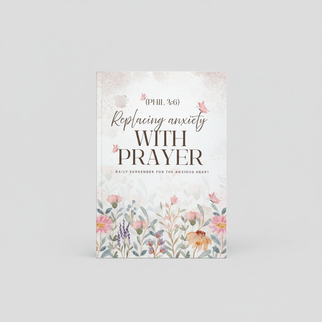 Book titled 'Replacing Anxiety with Prayer' on a dark surface with a lamp in the background