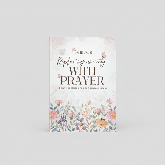 Book titled 'Replacing Anxiety with Prayer' on a dark surface with a lamp in the background